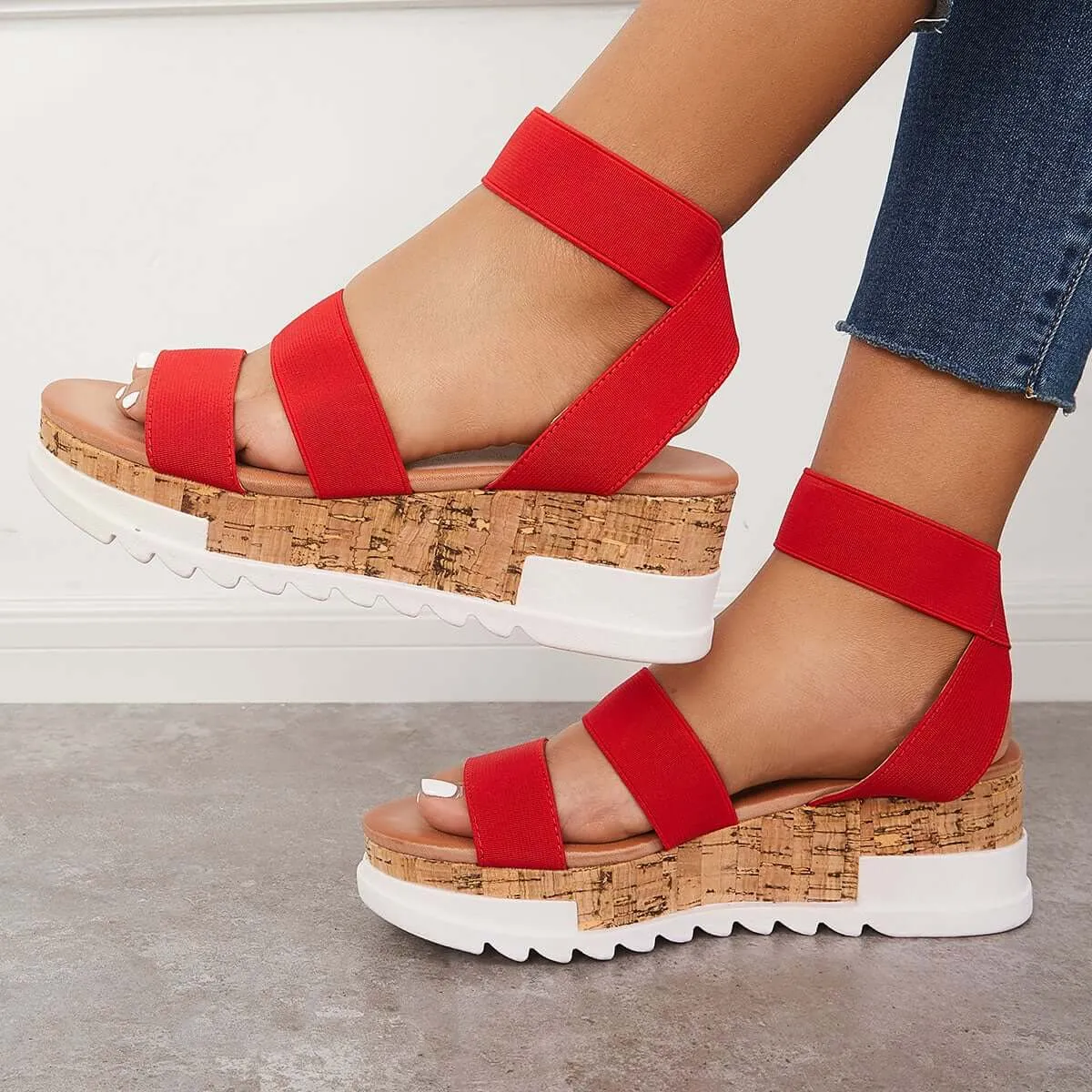 Sohiwoo  Women's Open Toe Cork Platform Wedges Slip on Elastic Strap Sandals Imilybela