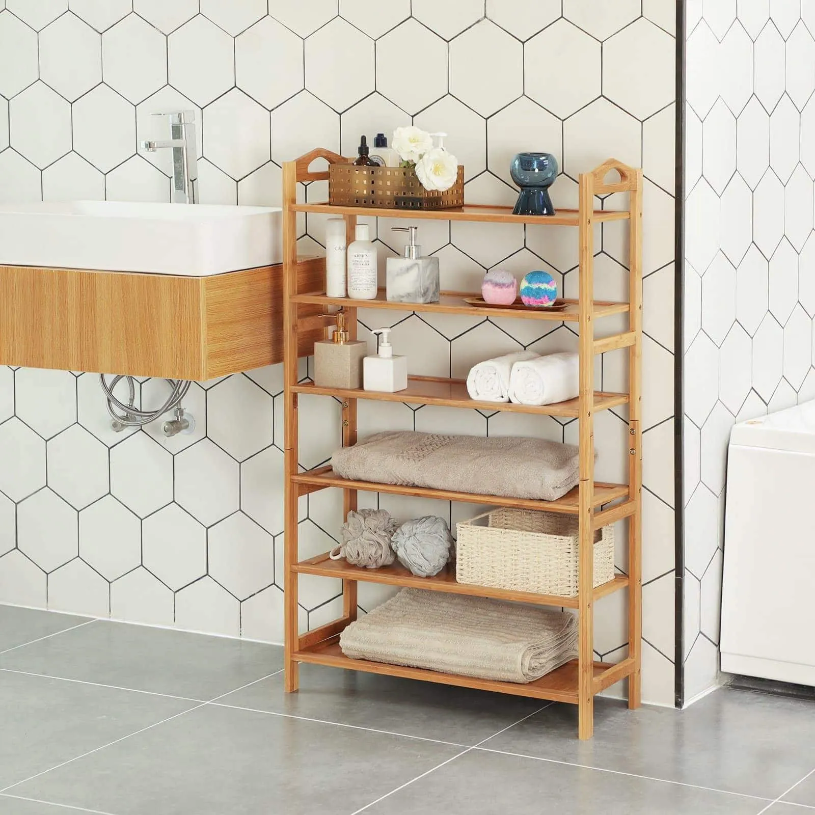 SONGMICS Bamboo Wood Shoe Rack 6-Tier 18-24 Pairs Entryway Standing Shoe Shelf Storage Organizer for Kitchen Living Room Closet ULBS26N