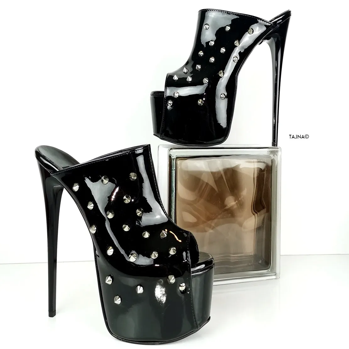Spike Studded Black High Heel Mules