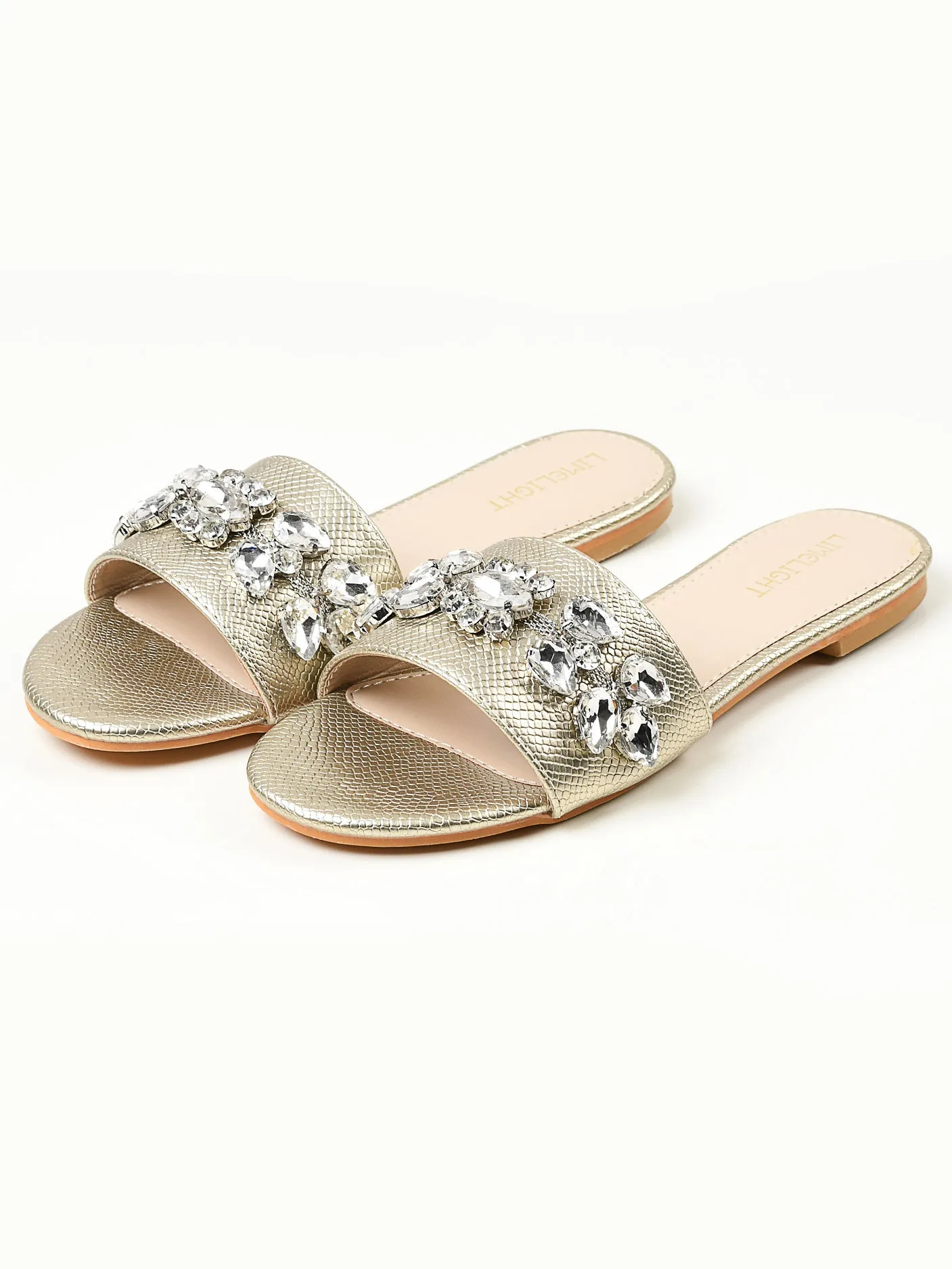 Stone Studded Slides - Gold