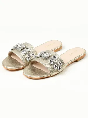 Stone Studded Slides - Gold