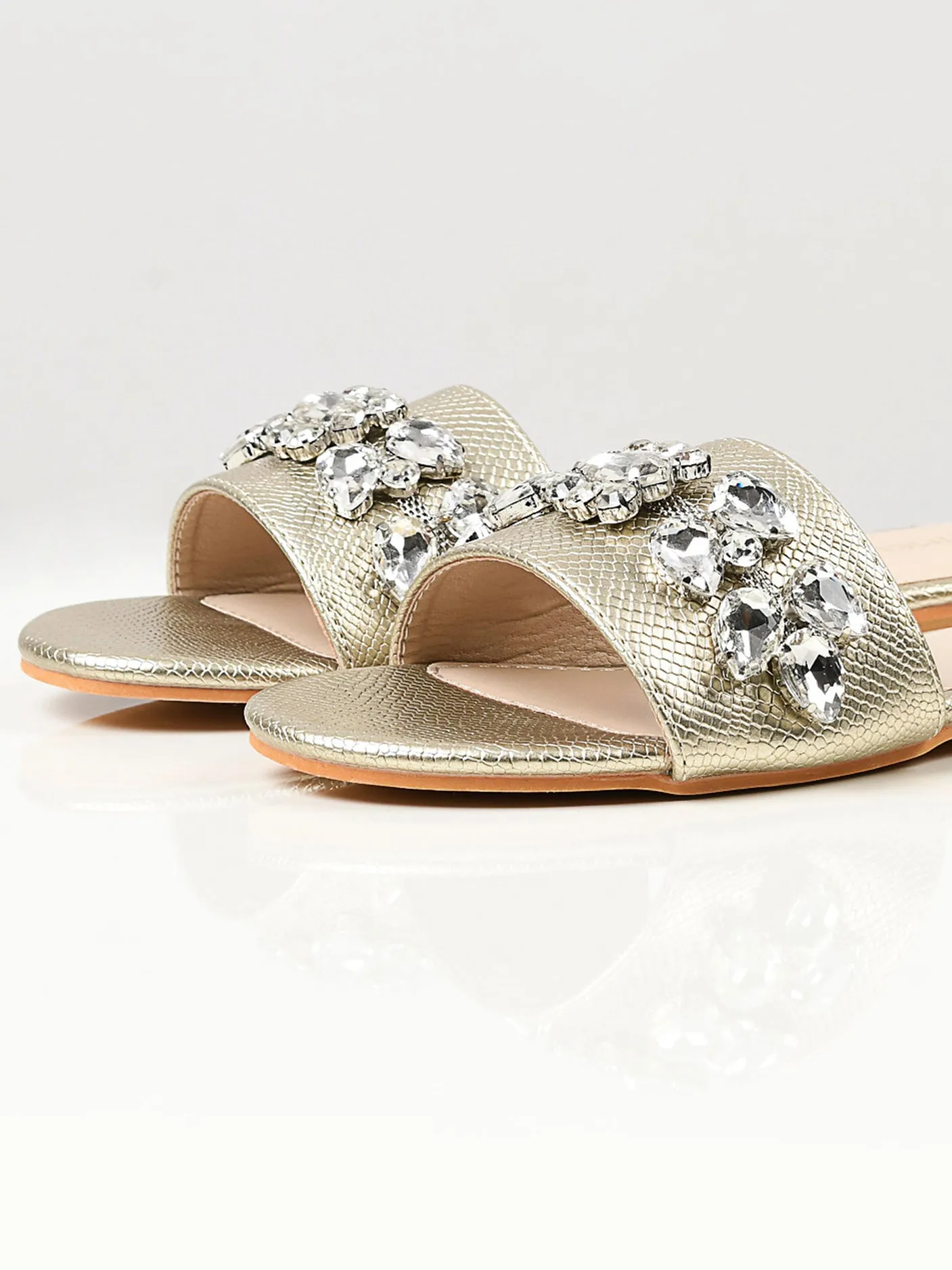 Stone Studded Slides - Gold