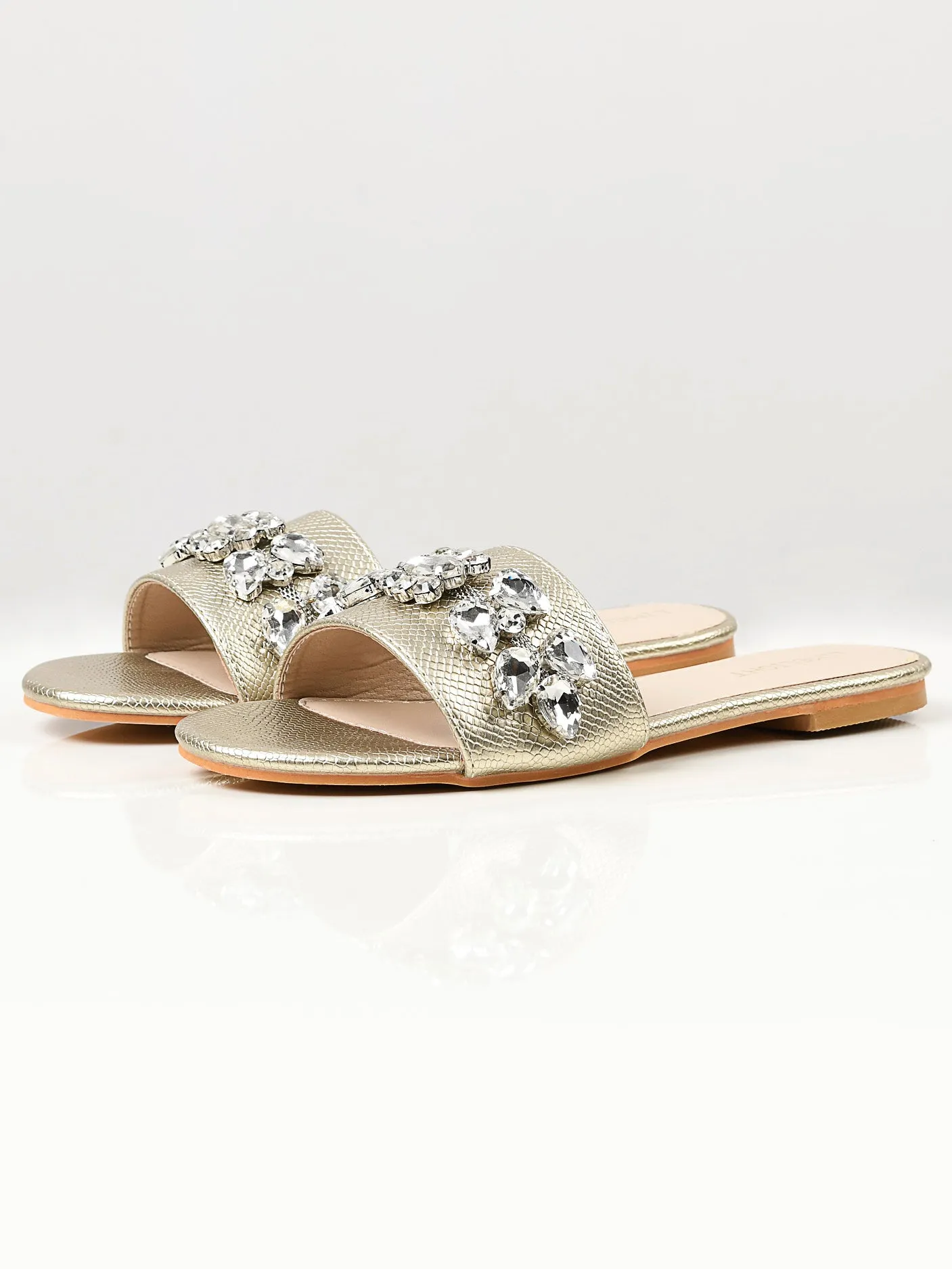 Stone Studded Slides - Gold