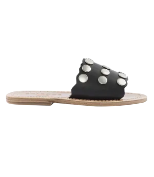 STRIPE STUDDED SLIDE SANDALS FT WAVY HEM BLACK