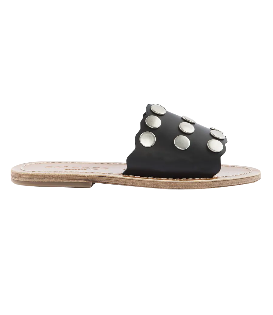 STRIPE STUDDED SLIDE SANDALS FT WAVY HEM BLACK