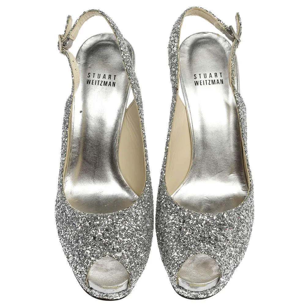 Stuart Weitzman Silver Glitter Peep Toe Sling Backs Platforms- 8.5