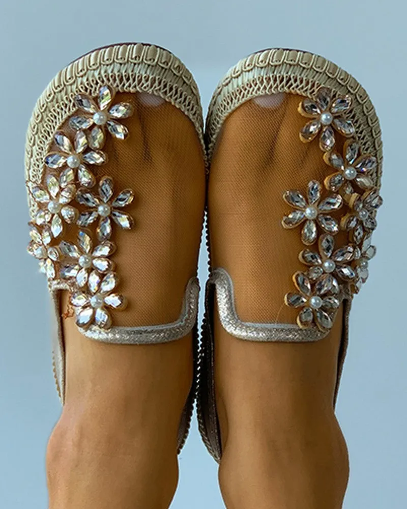 Studded Floral Pattern Sheer Mesh Casual Shoes