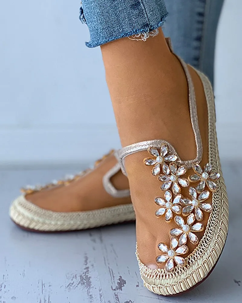Studded Floral Pattern Sheer Mesh Casual Shoes