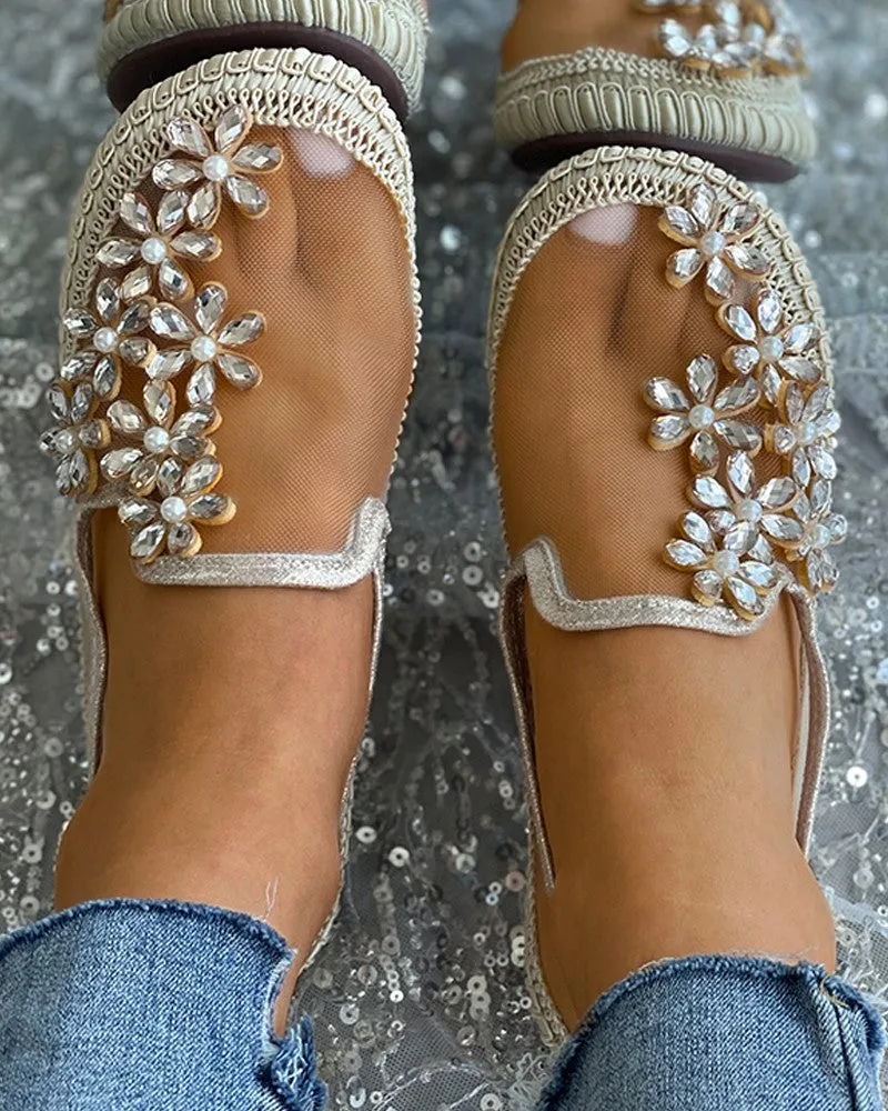 Studded Floral Pattern Sheer Mesh Casual Shoes