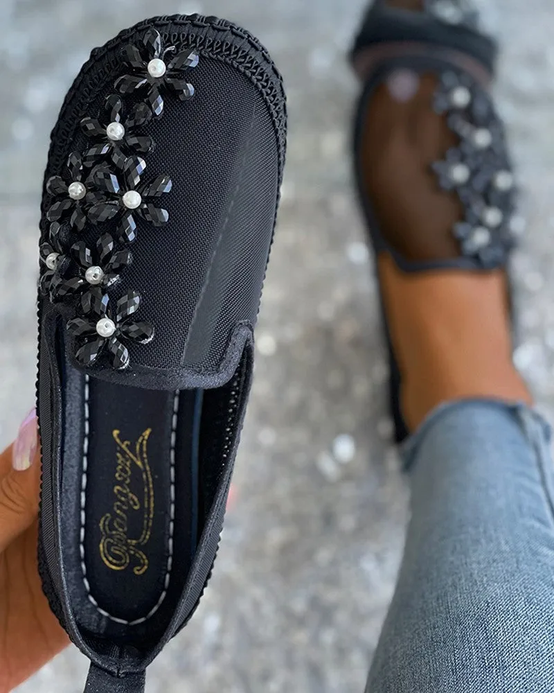 Studded Floral Pattern Sheer Mesh Casual Shoes