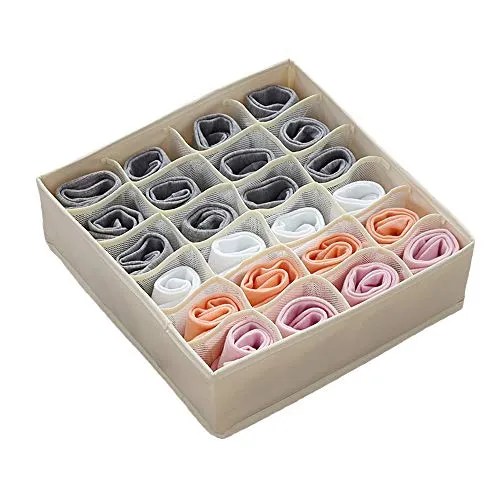 SUZM Foldable Closet Underwear Organizer with Lid, Breathable Pockets with Sorting Storage Socks, Bra, Scarves Beige 24 Pockets