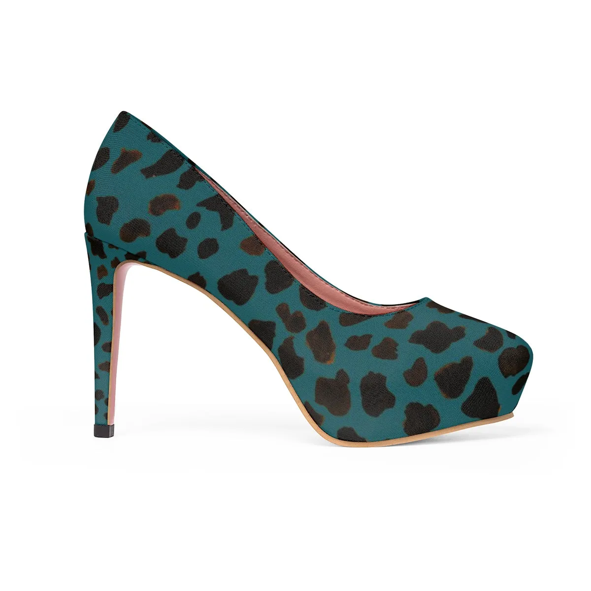 Teal Blue Designer Cow Print Animal Print Luxury Women's Platform Heels