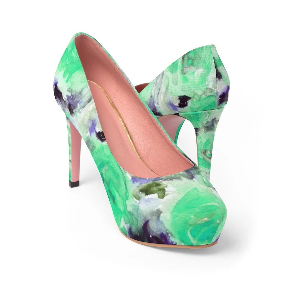Turquoise Blue Rose Platform Heels, Floral Print Women's 4" Platform Heels (US Size: 5-11)