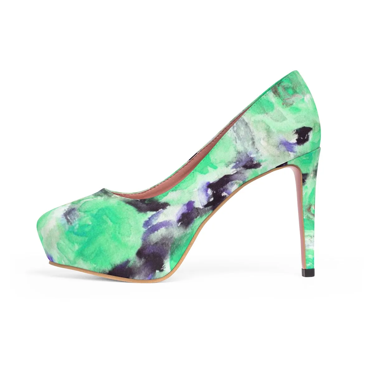 Turquoise Blue Rose Platform Heels, Floral Print Women's 4" Platform Heels (US Size: 5-11)