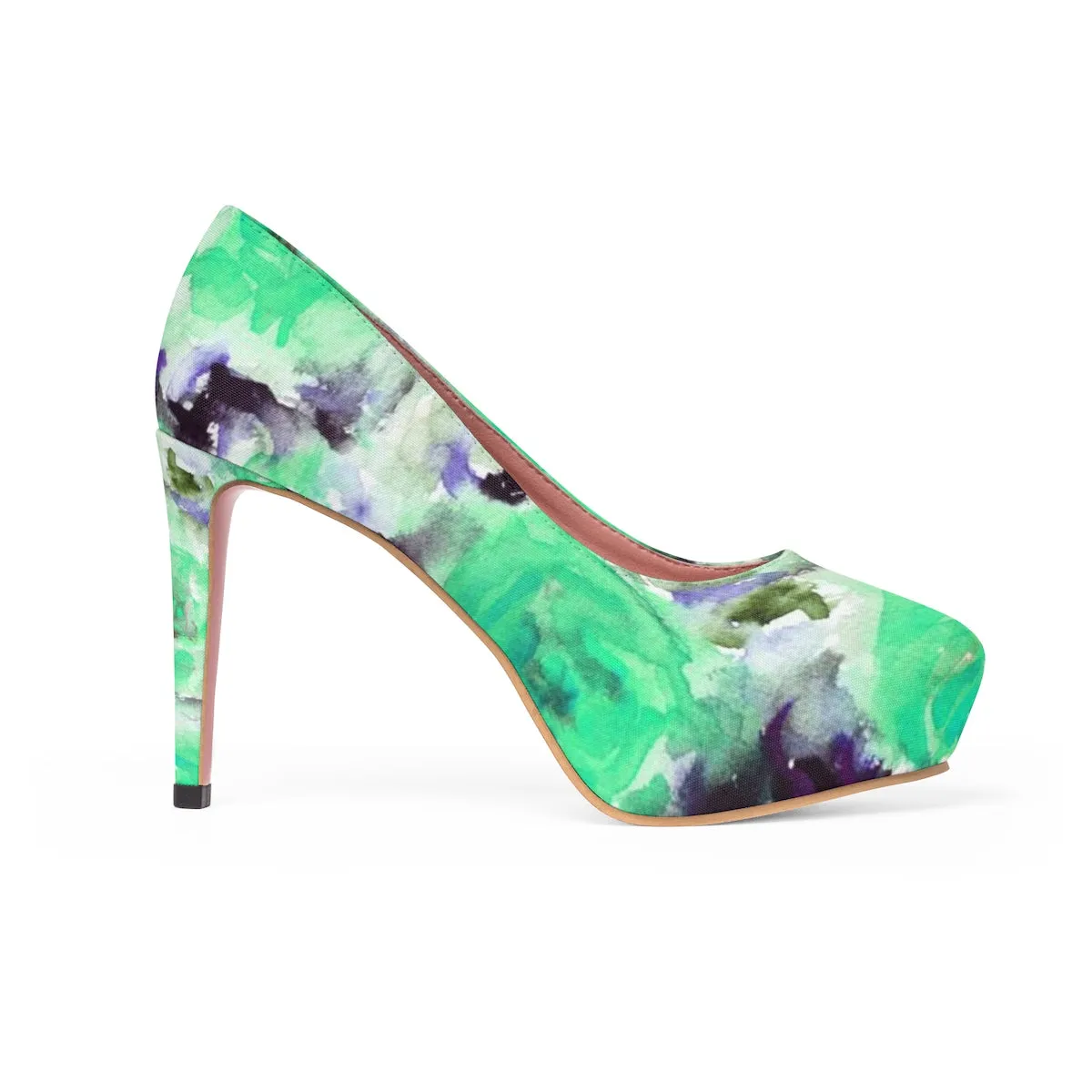 Turquoise Blue Rose Platform Heels, Floral Print Women's 4" Platform Heels (US Size: 5-11)