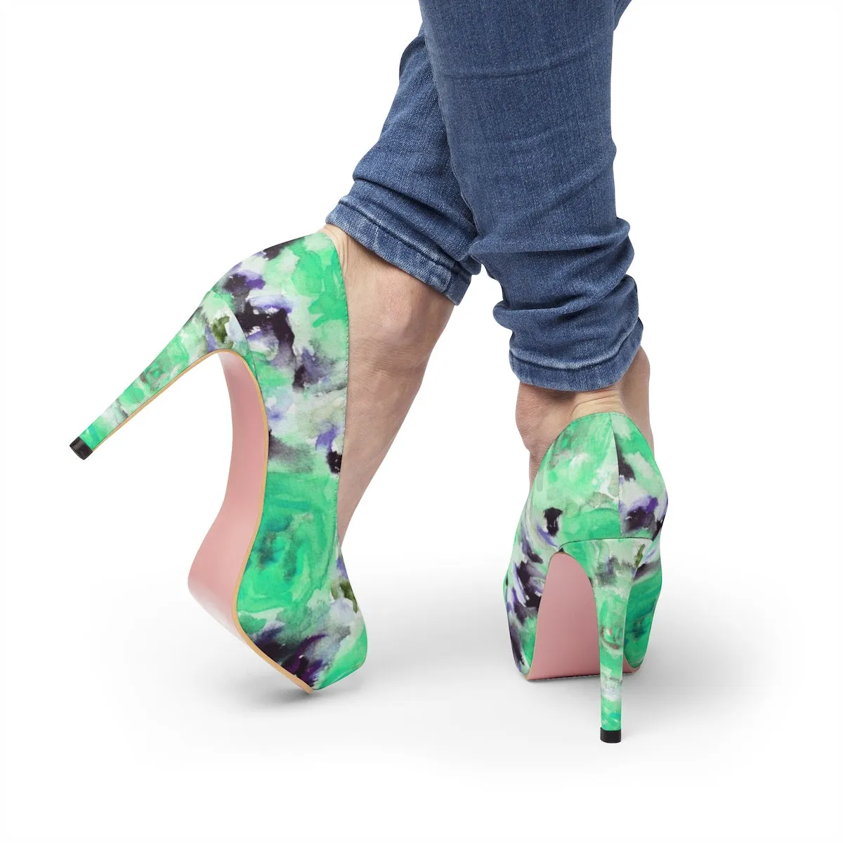 Turquoise Blue Rose Platform Heels, Floral Print Women's 4" Platform Heels (US Size: 5-11)