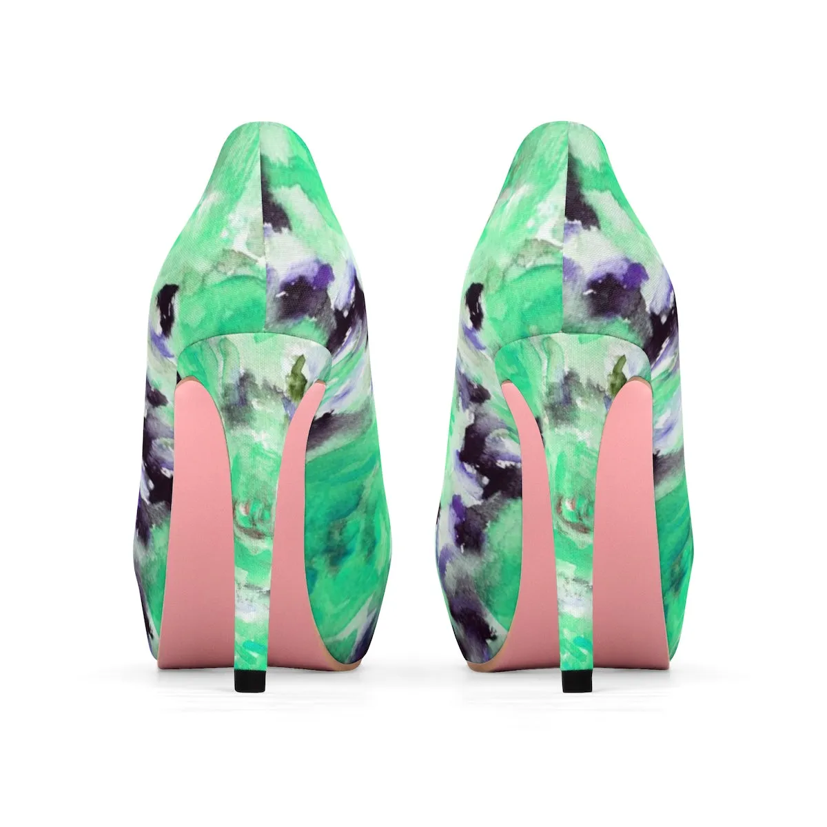 Turquoise Blue Rose Platform Heels, Floral Print Women's 4" Platform Heels (US Size: 5-11)