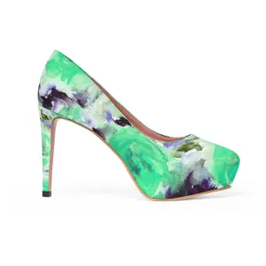 Turquoise Blue Rose Platform Heels, Floral Print Women's 4" Platform Heels (US Size: 5-11)
