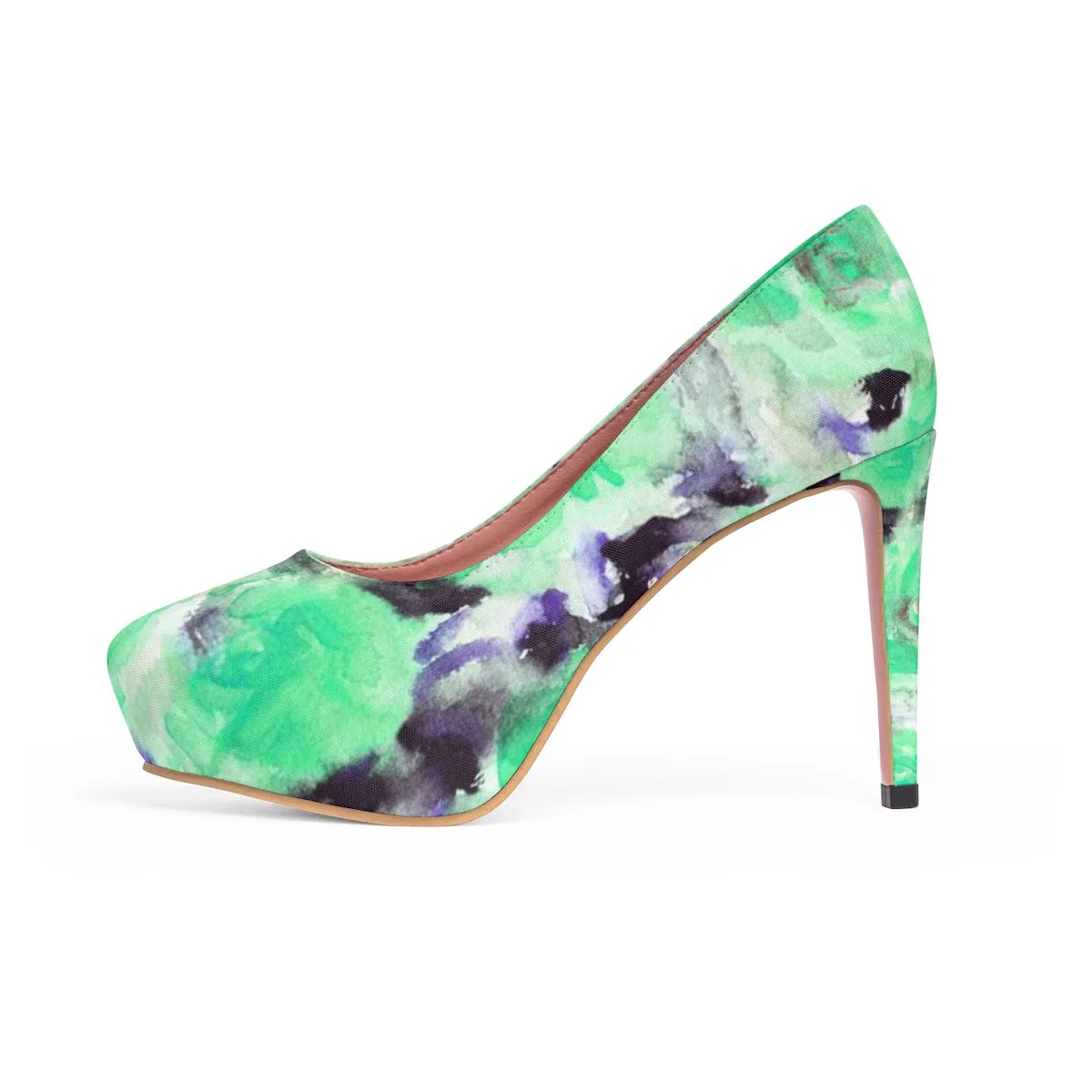Turquoise Blue Rose Platform Heels, Floral Print Women's 4" Platform Heels (US Size: 5-11)