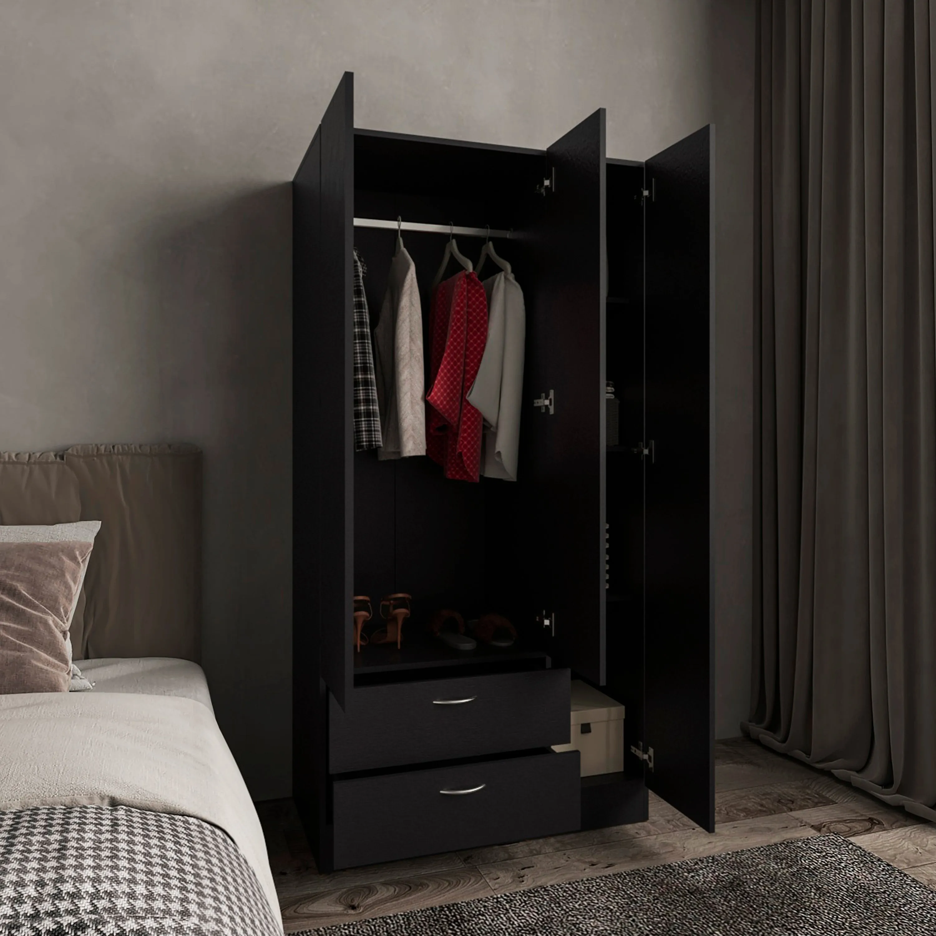 Vico 76" High Armoire Wardrove Closet with 2 Drawers, Double Door Cabinet , One Shelf and Hanging Rod, Bedroom Clothes Storage Cabinet Organizer