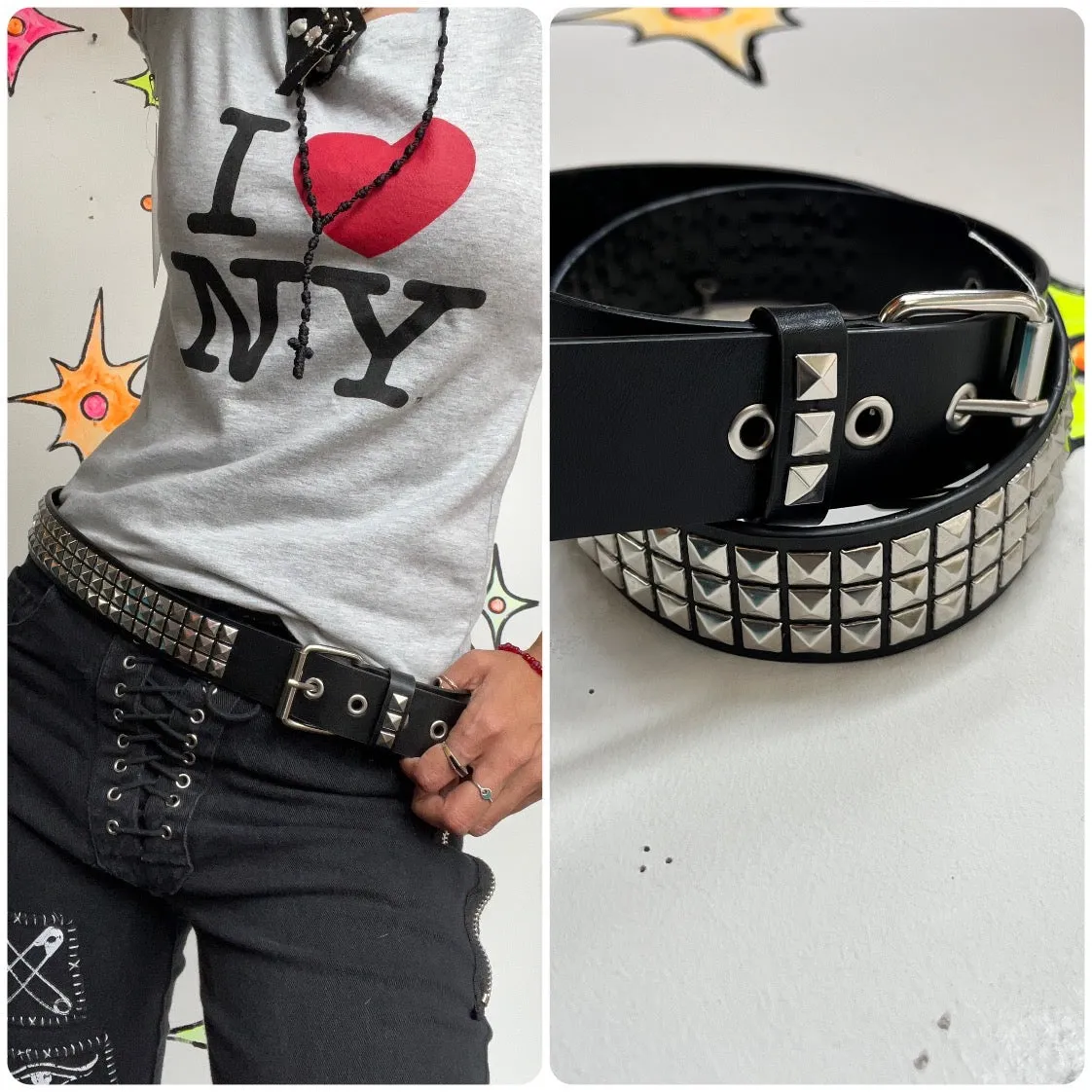 Vintage Y2K | Black Vegan Leather Pyramid Studded Embellished Leather Belt | OS
