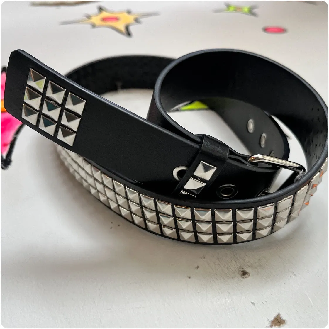 Vintage Y2K | Black Vegan Leather Pyramid Studded Embellished Leather Belt | OS