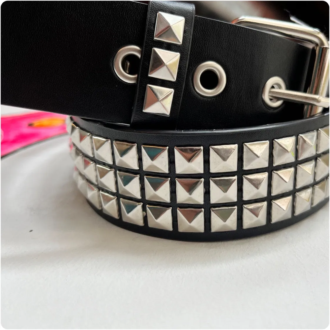 Vintage Y2K | Black Vegan Leather Pyramid Studded Embellished Leather Belt | OS