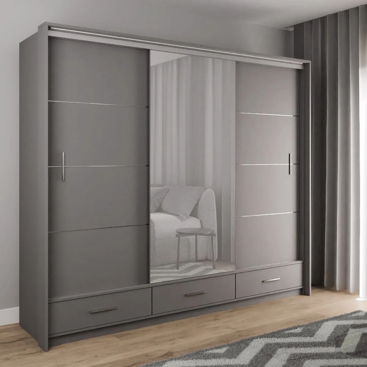 Warrington Bedroom Set Large 250cm Wardrobe, Bedside and Chest - Grey