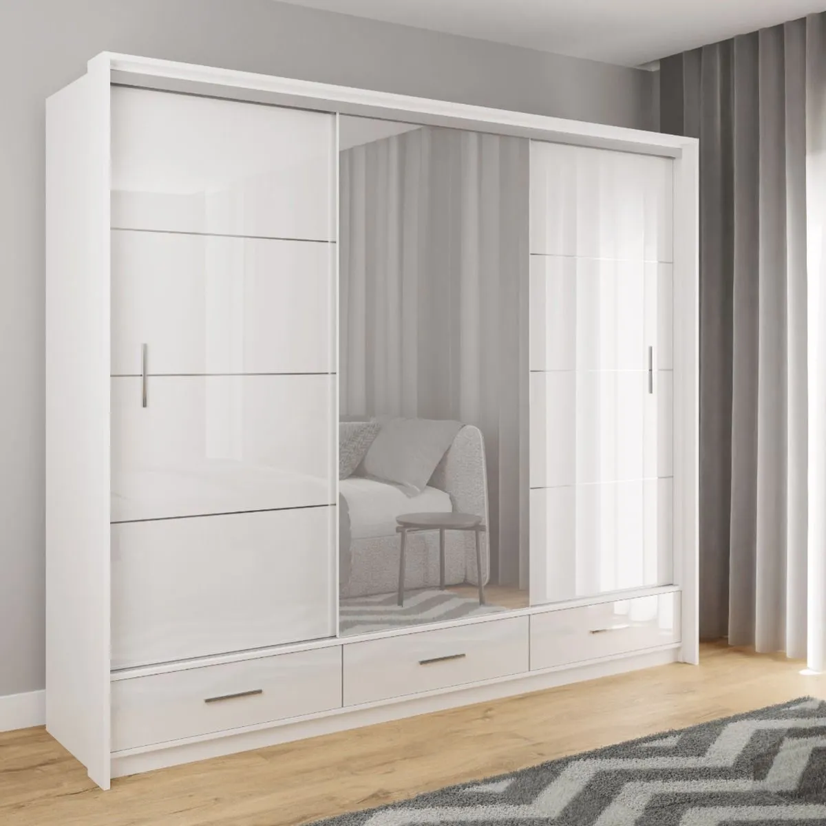 Warrington Bedroom Set Large 250cm Wardrobe, Bedside and Chest - Grey