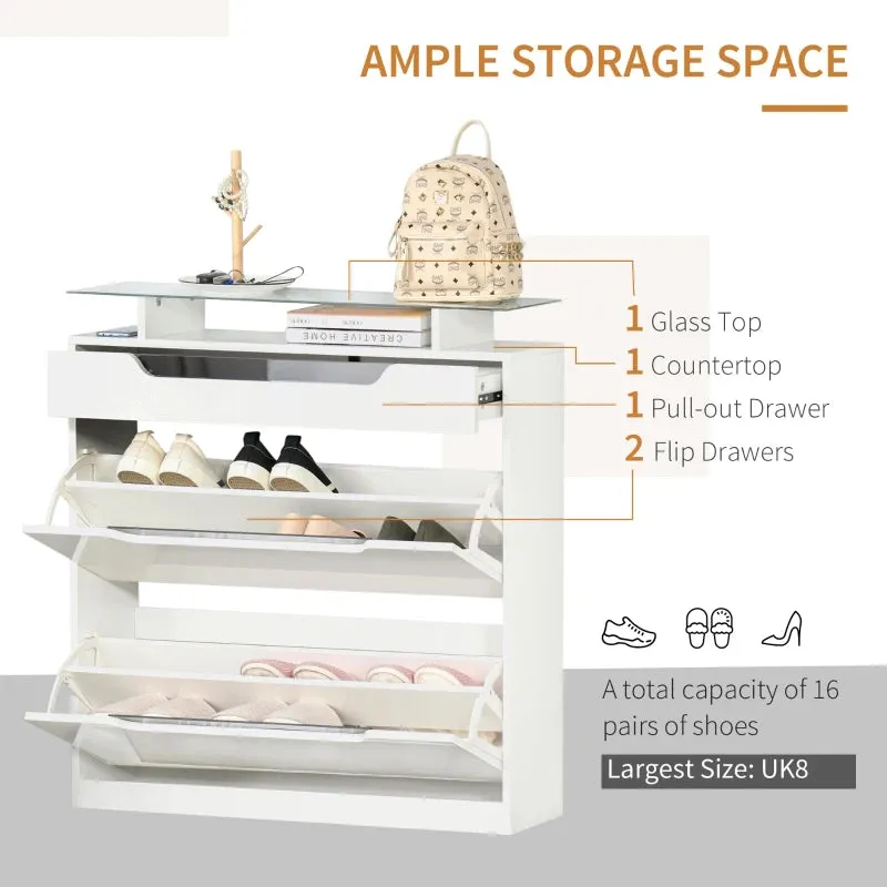 White Shoe Storage Cabinet with Slide Out Drawer and Glass Top