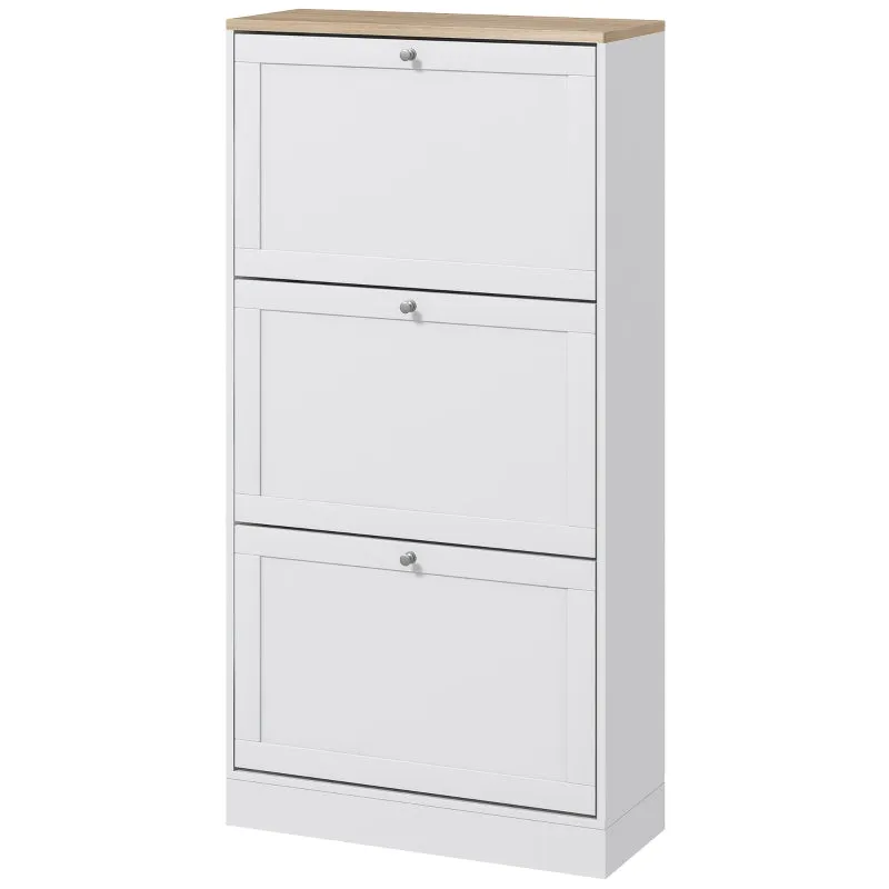 White Slim Shoe Cabinet with 3 Flip Drawers - 18 Pair Storage