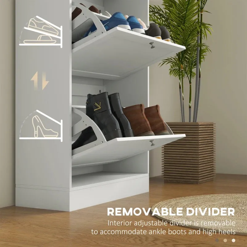 White Slim Shoe Cabinet with 3 Flip Drawers - 18 Pair Storage