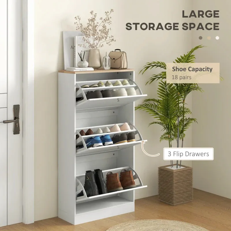 White Slim Shoe Cabinet with 3 Flip Drawers - 18 Pair Storage