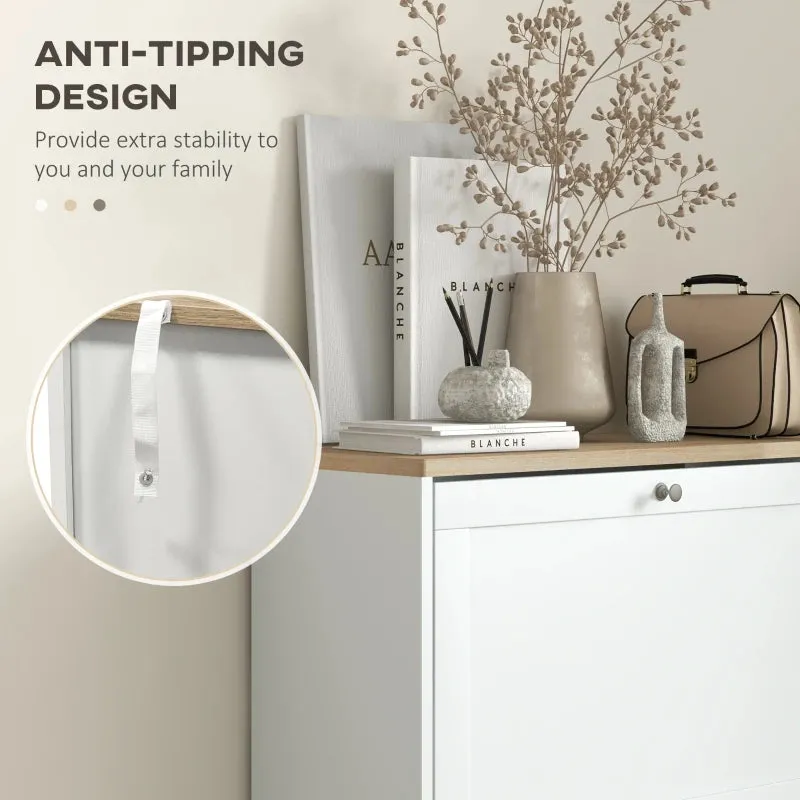 White Slim Shoe Cabinet with 3 Flip Drawers - 18 Pair Storage