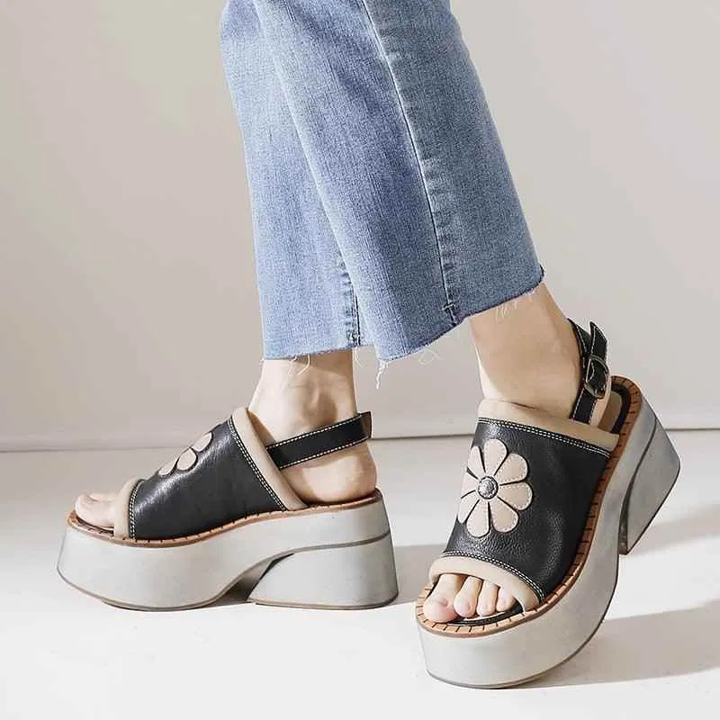 Women's Casual Shoes: GP112 Luxury Leather Platform Flower Sandals