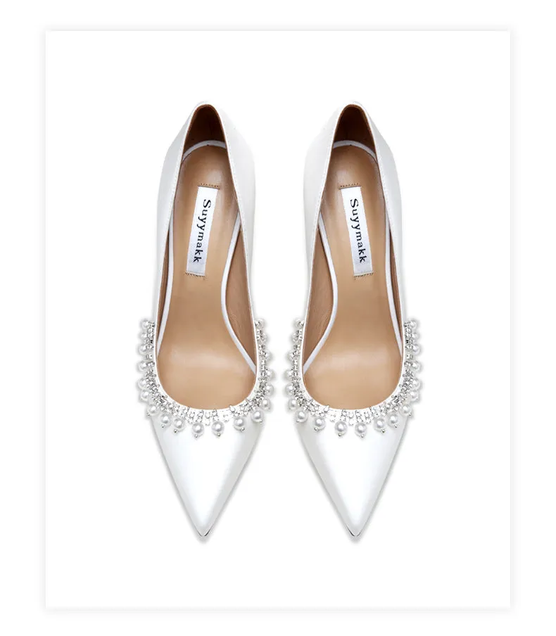 xiangtuibao New Spring Women For Fashion Pointed Toe Stiletto Pumps Sexy White String Bead Wedding Shoes High Heels Party Dress Shoes V