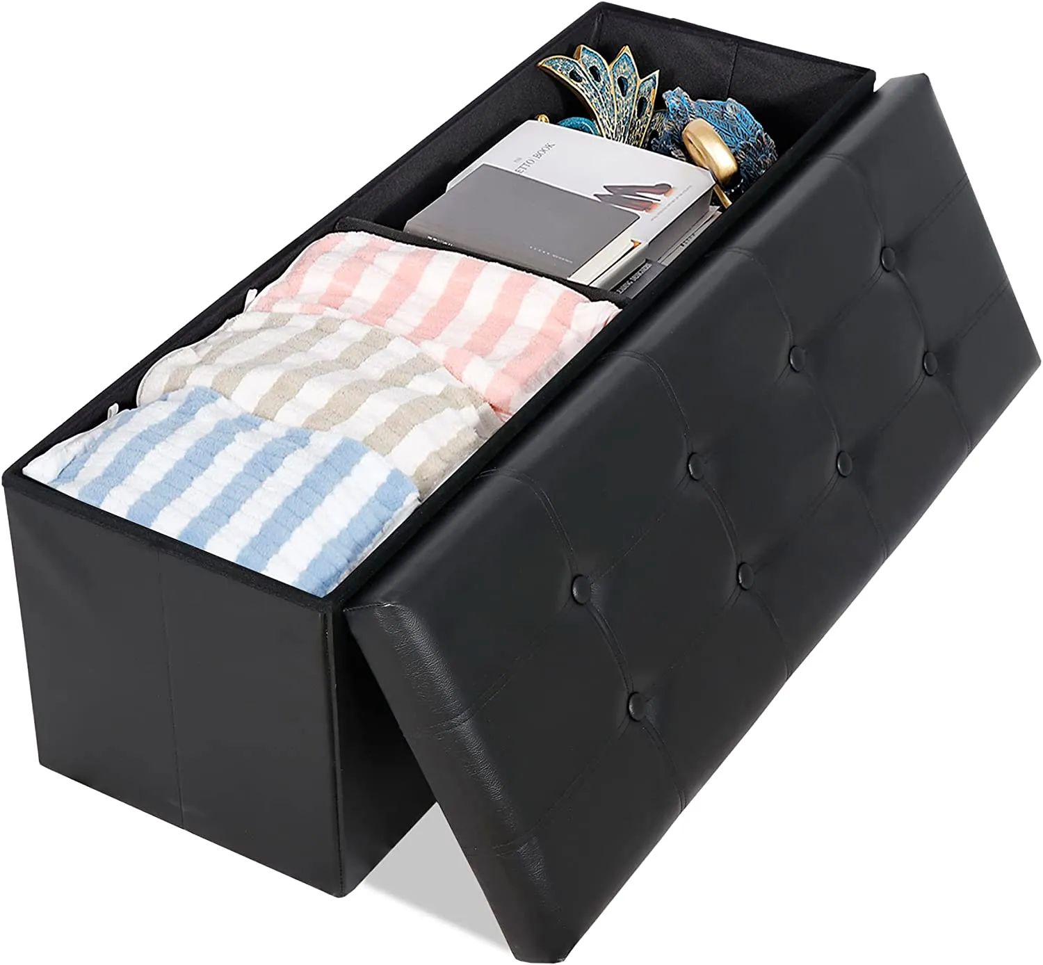 ZENY™ 43 Inches Folding Storage Ottoman Bench Faux Leather Shoes Bench Footstool with Divider Toy Storage Chest Long Box for Living Room Bedroom Entryway, Black