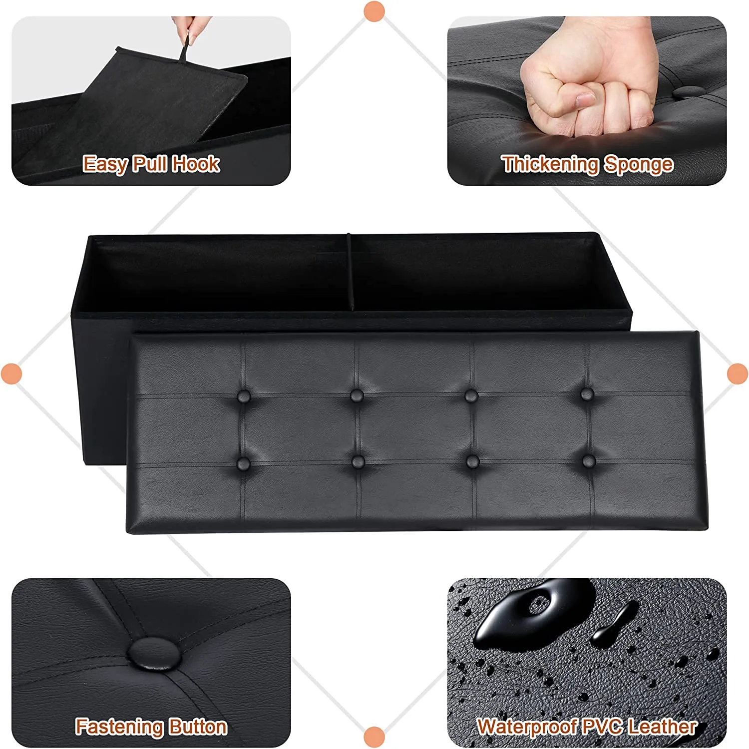 ZENY™ 43 Inches Folding Storage Ottoman Bench Faux Leather Shoes Bench Footstool with Divider Toy Storage Chest Long Box for Living Room Bedroom Entryway, Black