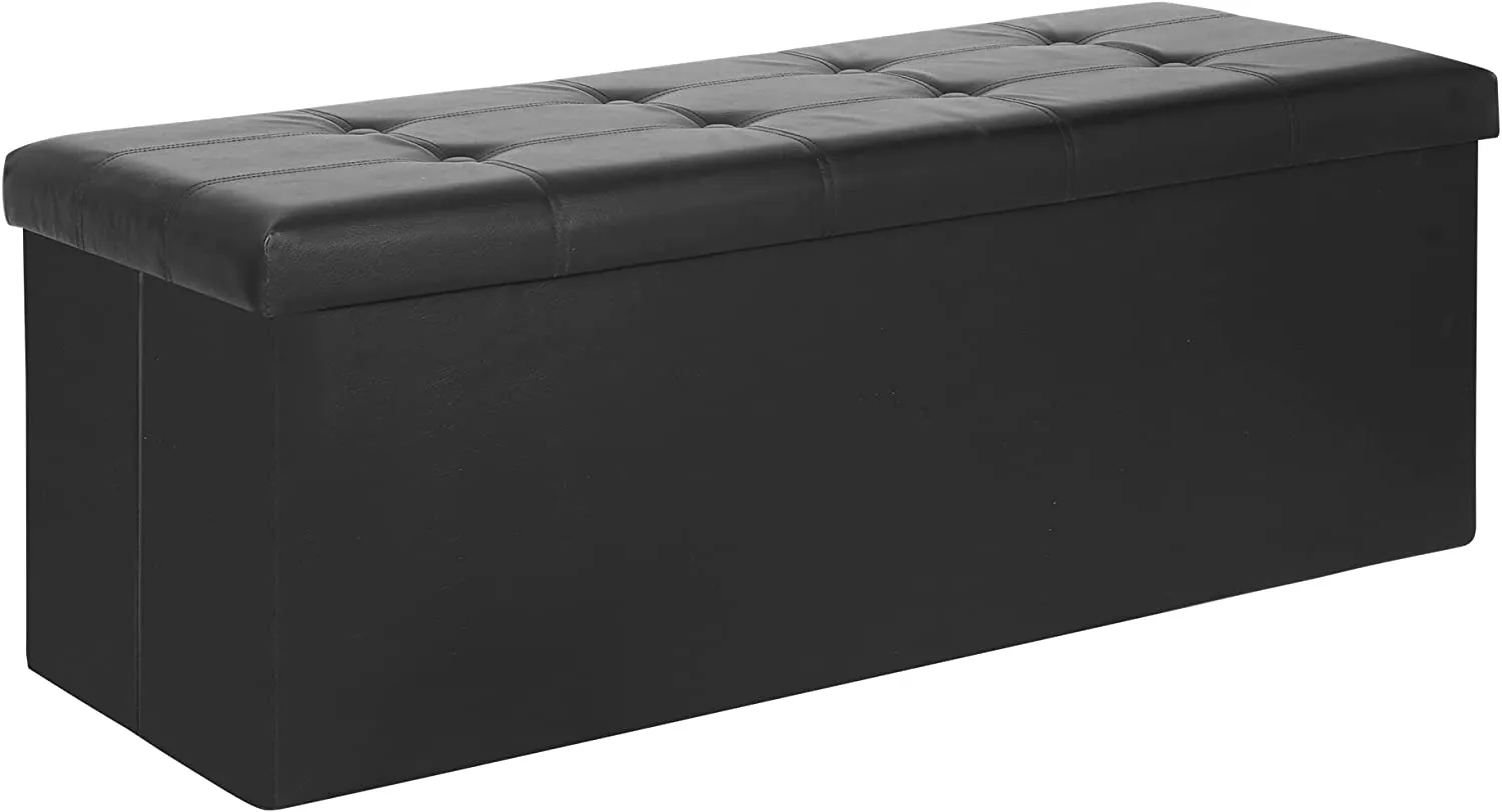 ZENY™ 43 Inches Folding Storage Ottoman Bench Faux Leather Shoes Bench Footstool with Divider Toy Storage Chest Long Box for Living Room Bedroom Entryway, Black